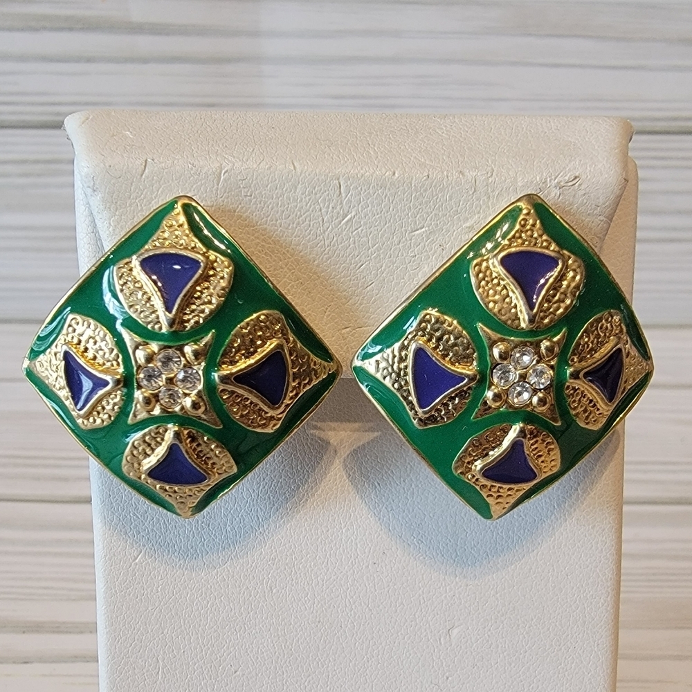 Vintage Green Enamel Navy Blue Gold Tone Rhinestone Statement Clip On Earrings
